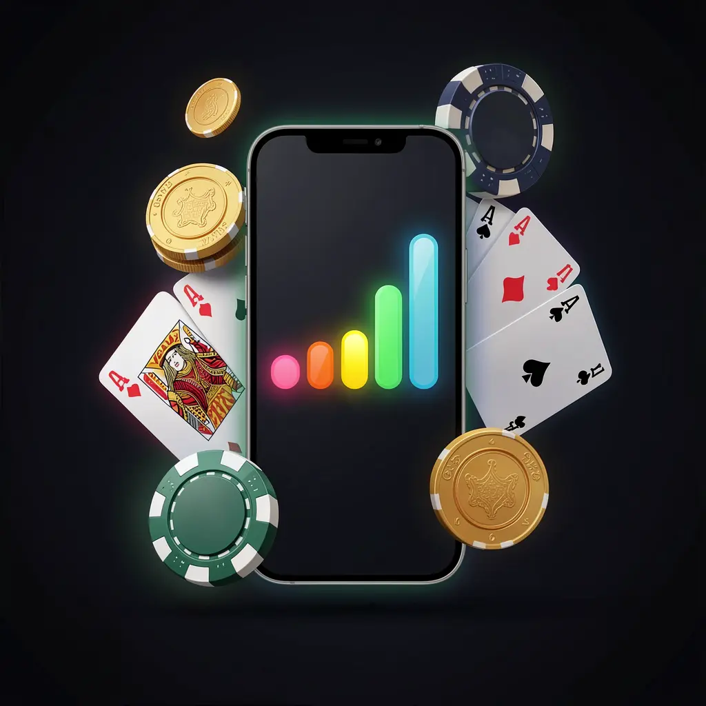 Smartphone a apresentar o progresso da instalação da aplicação de casino com uma barra de progresso brilhante, rodeado por moedas, fichas e cartas sobre um fundo escuro, mostrando a experiência premium de jogos móveis da 73BP