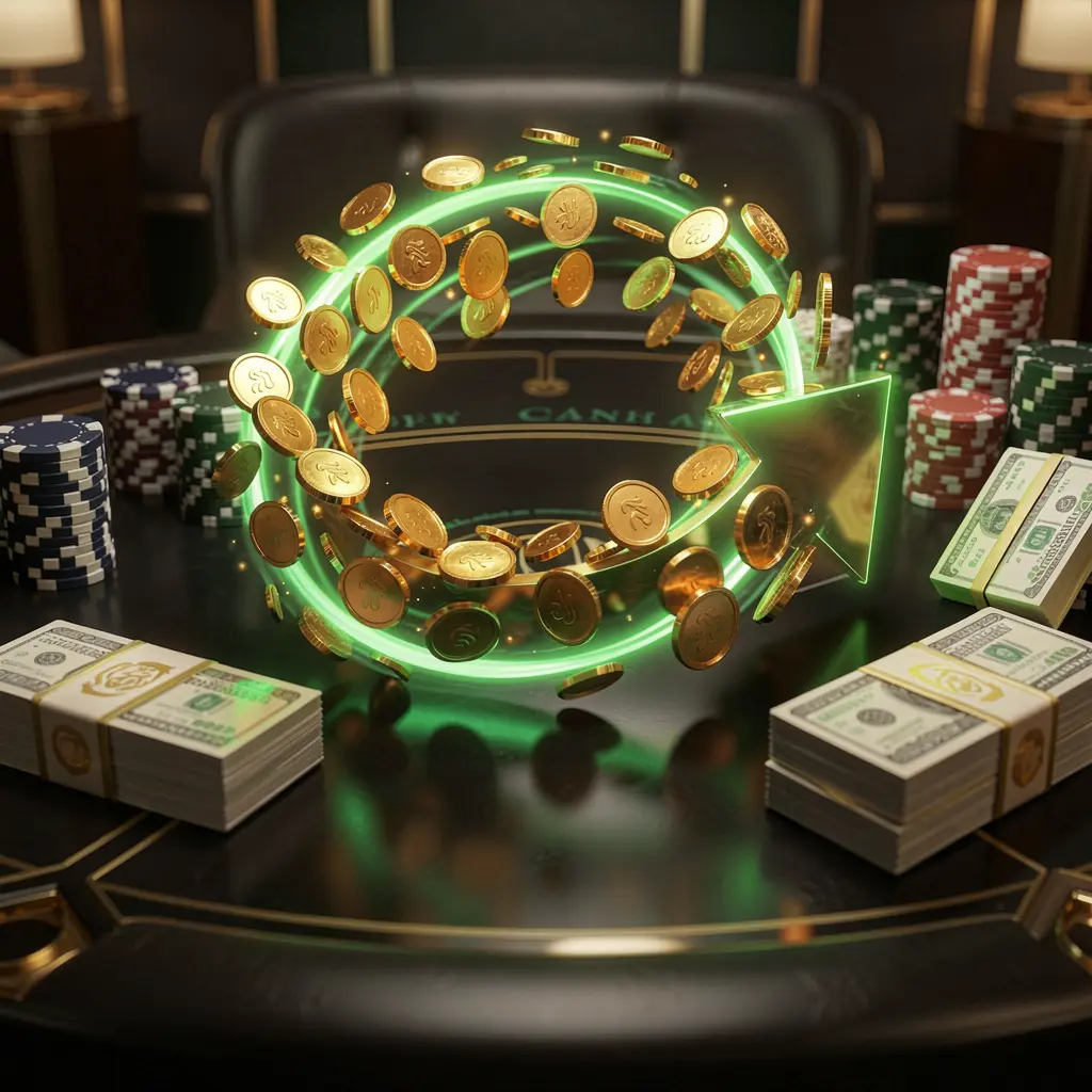 Visual de bónus de reembolso do casino 73BP com moedas douradas a regressar num movimento circular de seta, com fichas de póquer e maços de dinheiro sobre uma mesa escura brilhante, realçado por detalhes luminosos verdes e dourados num estilo premium de casino online