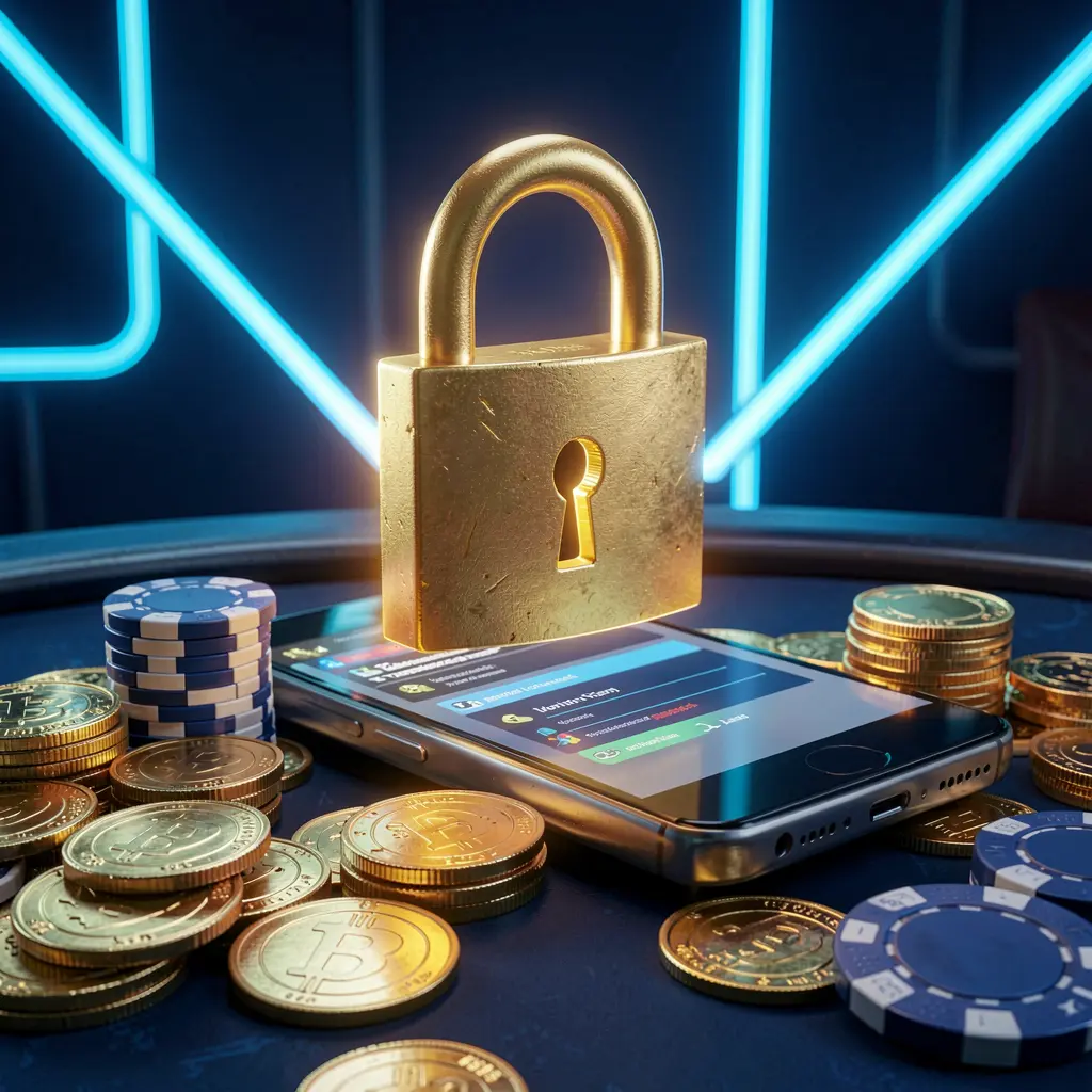 Imagem de segurança de início de sessão do casino 73BP mostrando um cadeado brilhante a flutuar acima de um smartphone com moedas douradas e fichas espalhadas à volta sobre um fundo neon azul-escuro