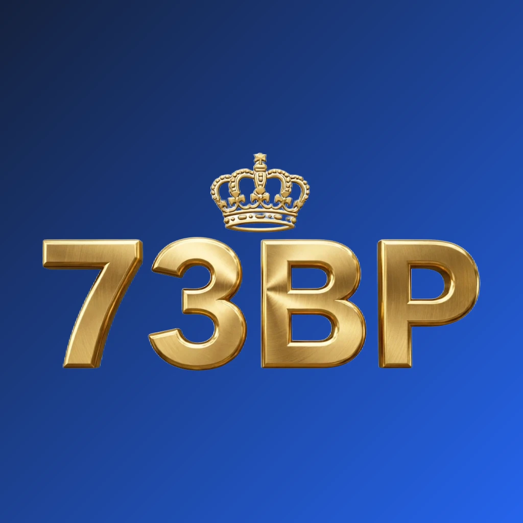 Logo da marca 73BP com design real, texto dourado metálico '73BP' com uma coroa acima das letras, transmitindo sensação de luxo, em fundo transparente, composição horizontal larga ideal para cabeçalho de site