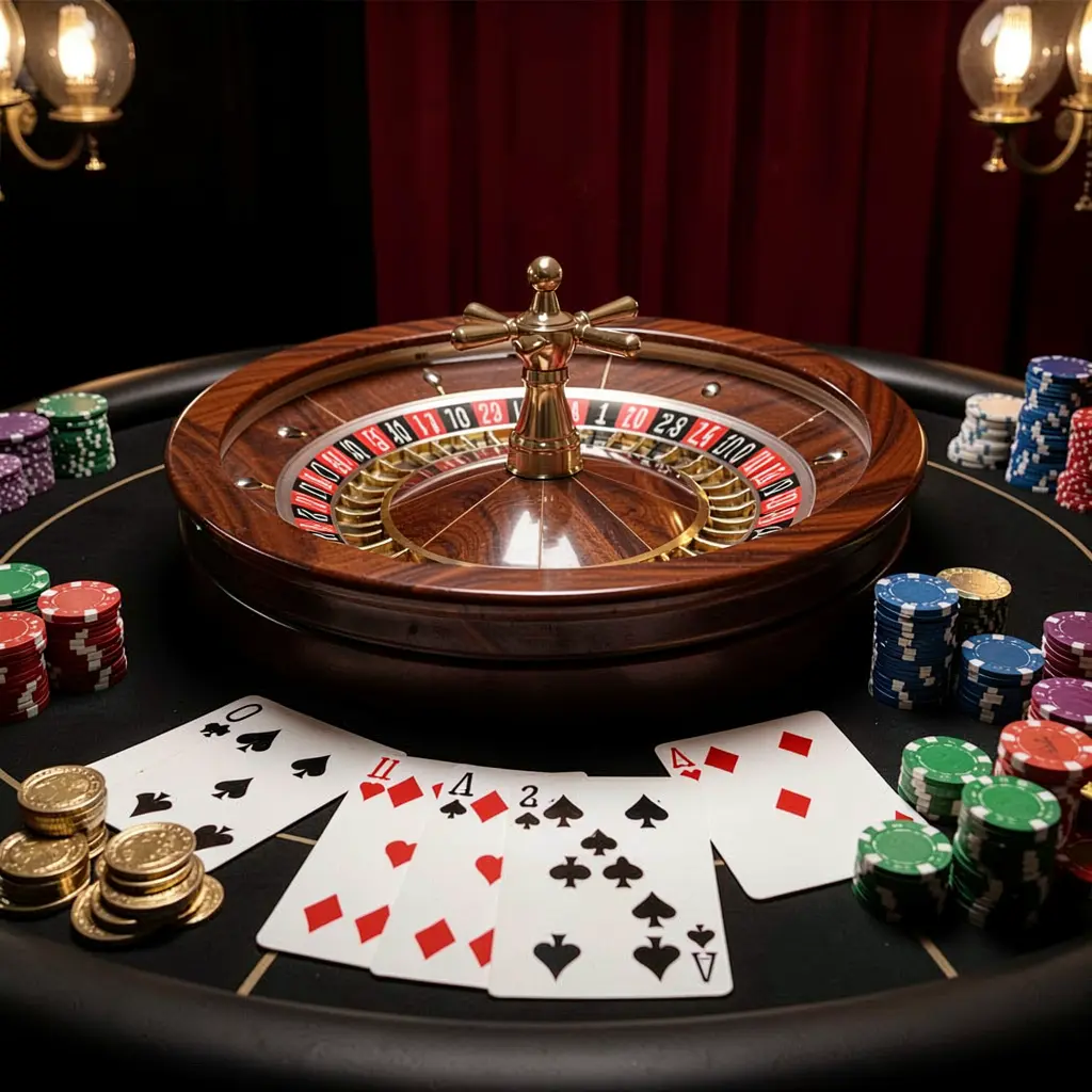 Elegante mesa de jogos de casino online com roleta, cartas de blackjack, fichas de póquer e moedas, com iluminação cinematográfica luxuosa sobre um fundo preto e vermelho, mostrando a plataforma de jogo responsável da 73BP